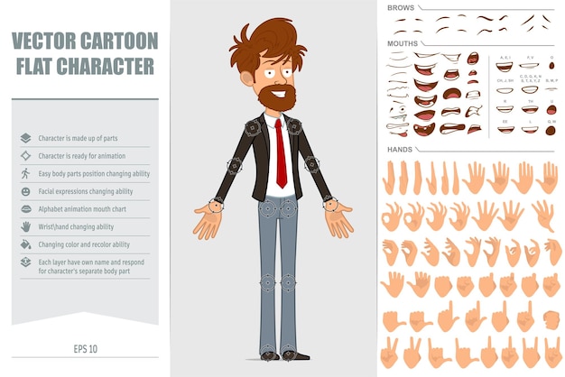  Cartoon flat funny bearded businessman character in black suit and red tie.