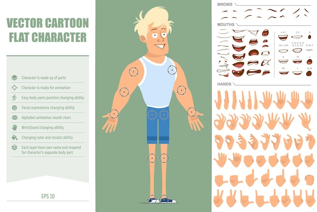  Cartoon flat funny blonde sportsman character in undershirt and shorts. ready for animation. face e