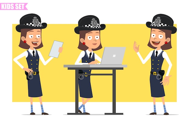ヘルメットと制服を着た漫画フラット面白いイギリスの警官の女の子キャラクター 紙のメモを読んで ラップトップに取り組んでいる女の子 プレミアムベクター