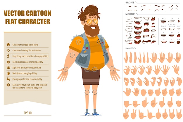Cartoon flat funny fat hipster man character in jerkin and sunglasses. ready for animation. face exp