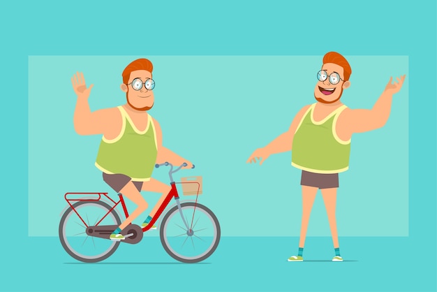 メガネ 一重項 ショートパンツの漫画フラット面白い赤毛太った男の子のキャラクター 自転車に乗って こんにちはジェスチャーを示す少年 プレミアムベクター