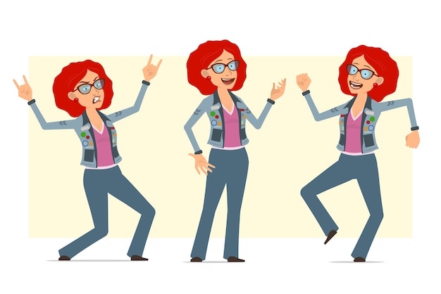 メガネとジーンズのジャケットの漫画フラット面白い赤毛ヒッピーの女性キャラクター 女の子のダンス ジャンプ ロックンロールのサインを示しています プレミアムベクター