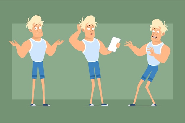  Cartoon flat funny strong blonde sportsman character in undershirt and shorts. boy scared, angry an