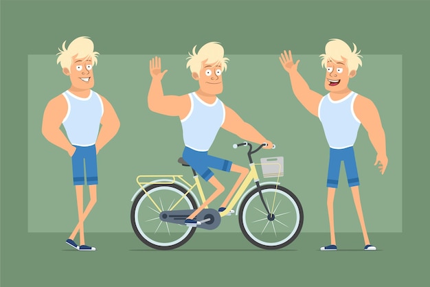  Cartoon flat funny strong blonde sprotsman character in undershirt and shorts. boy riding on bicycl