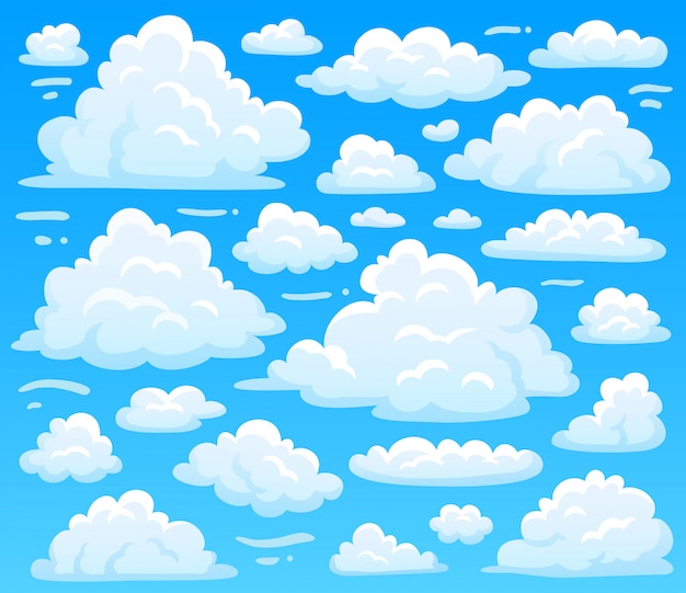 Cartoon fluffy cloud at azure skyscape. heavenly clouds on blue sky, atmospheric cloudscape vintage Premium Vector