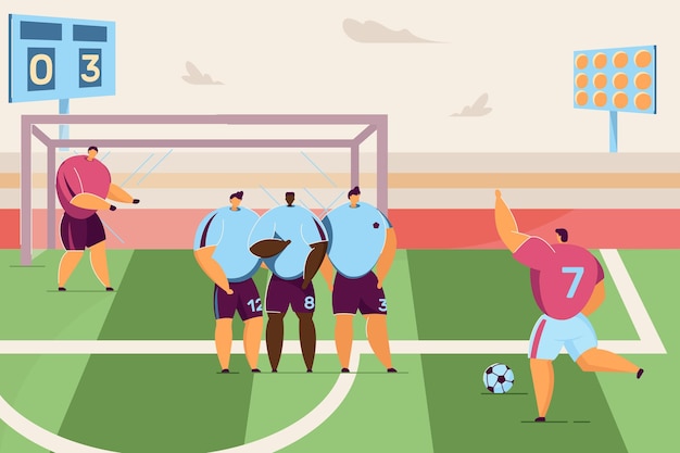 漫画のサッカー選手がペナルティフラットベクトルイラストを蹴る激しいサッカーの試合 プレミアムベクター