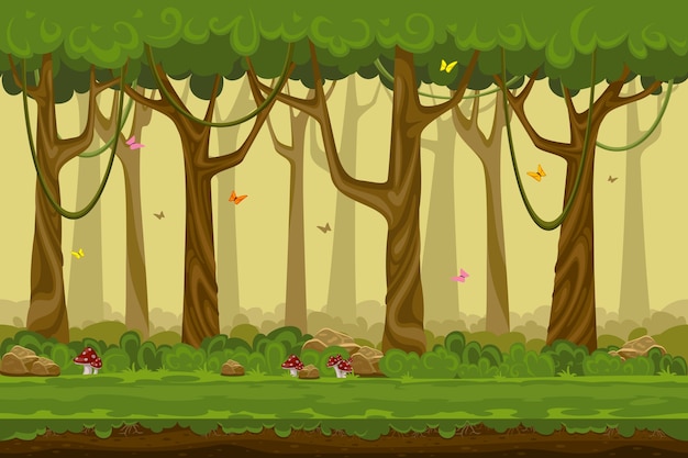 漫画の森の風景 コンピュータゲームの無限の自然の背景 自然の木 屋外植物緑 自然環境木材 無料のベクター