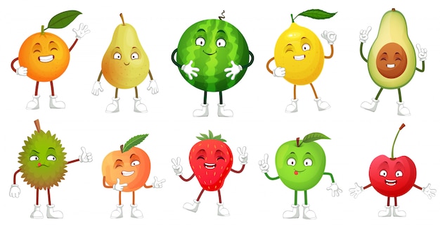 Cartoon fruit character, happy fruits mascot funny durian, smiling apple and pear, healthy fresh foo