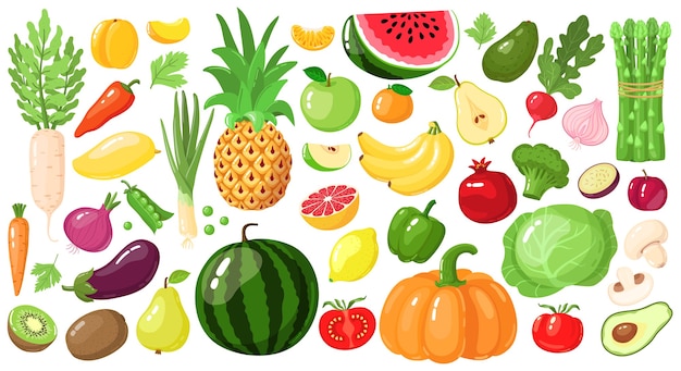 漫画の果物と野菜 ビーガンライフスタイルフード 有機栄養野菜と果物 アボカド アスパラガス マンゴーのイラストセット スイカとパイナップル リンゴとバナナ キウイフルーツ プレミアムベクター