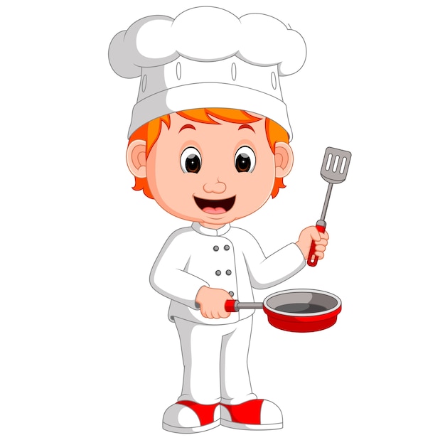 Premium Vector | Cartoon funny chef holding frying pan