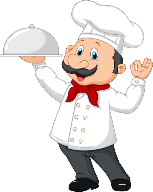 Premium Vector | Cartoon funny chef holding a silver platter