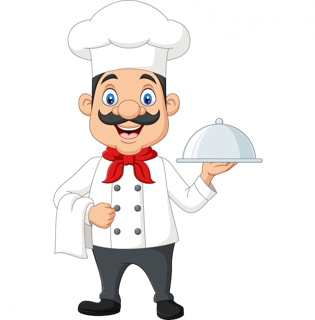 Cartoon funny chef with a mustache holding a silver platter | Premium ...