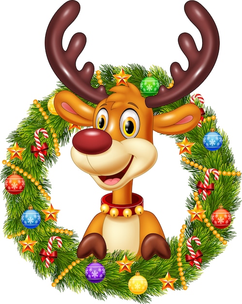 Premium Vector | Cartoon funny deer holding christmas wreath