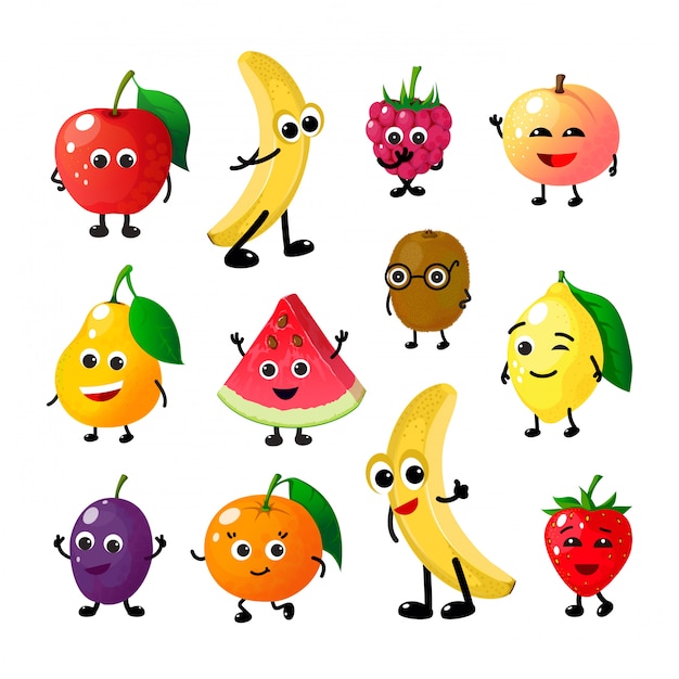 漫画の面白い果物 幸せなリンゴバナナラズベリーピーチナシスイカレモンイチゴの顔 フルーツベリーのキャラクター プレミアムベクター