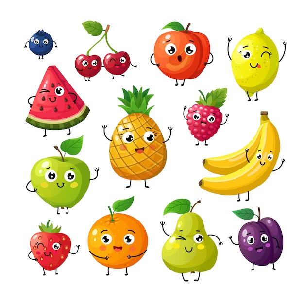 漫画の面白い果物 幸せなキウイバナナラズベリーオレンジチェリーの顔 プレミアムベクター