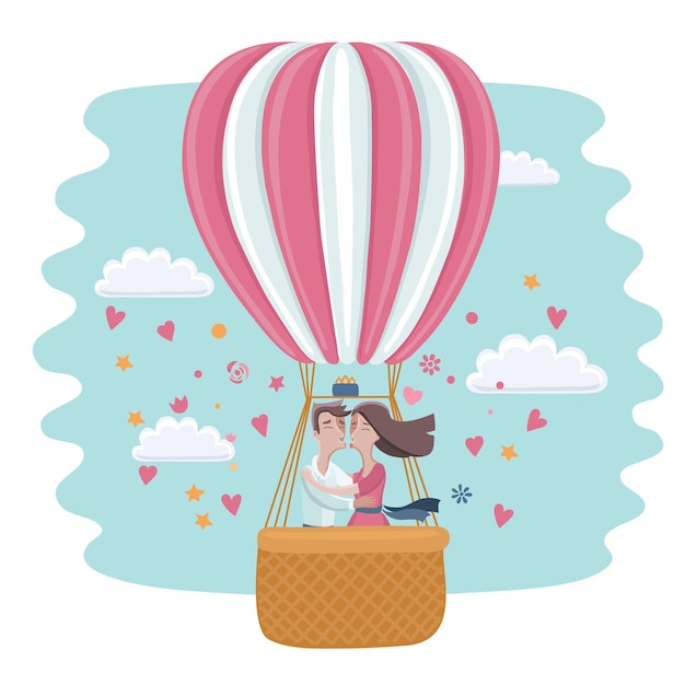 熱気球でカップルにキスする愛の漫画面白いイラスト プレミアムベクター