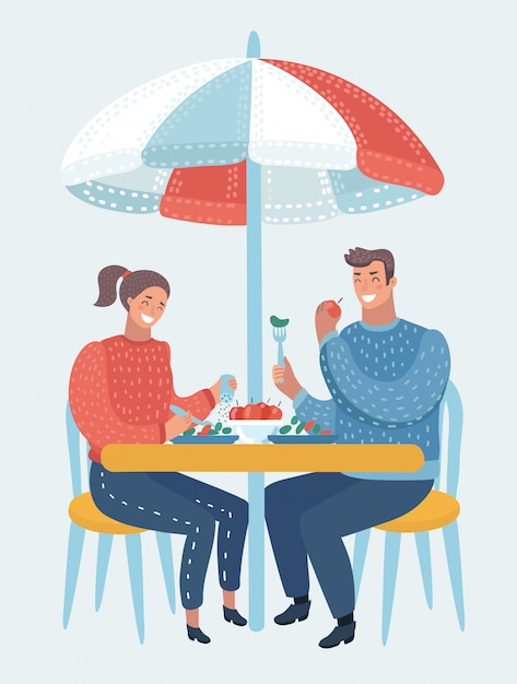 ストリートカフェのカップルの漫画面白いイラスト 男と女がケーキを食べ コーヒーを飲みます 白い背景の上の孤立したオブジェクト プレミアムベクター