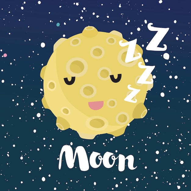 かわいい笑顔で眠っている月の漫画面白いイラスト 星と宇宙の夜空 プレミアムベクター