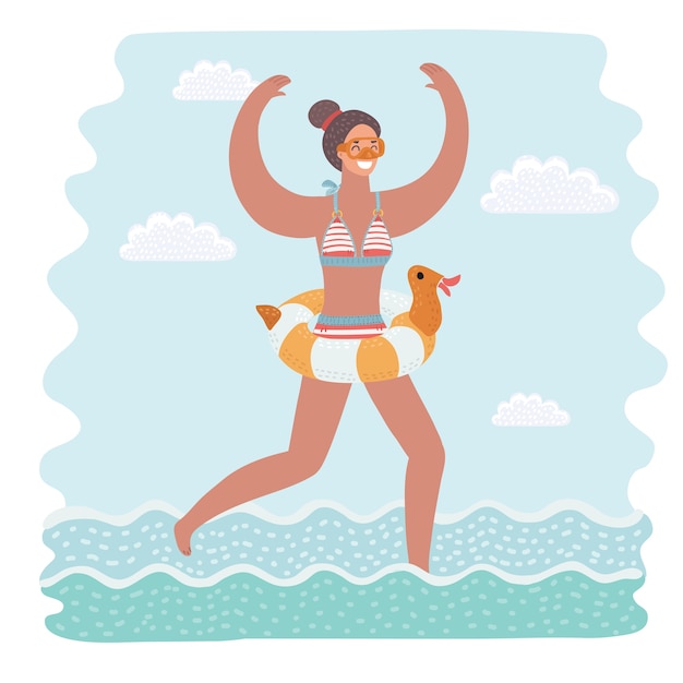 泳ぎに行く海水で走っている黄色い水着のスリムで魅力的な若い女性の漫画面白いイラスト ラバーリング 白い背景の上のカラフルな孤立した文字 プレミアムベクター