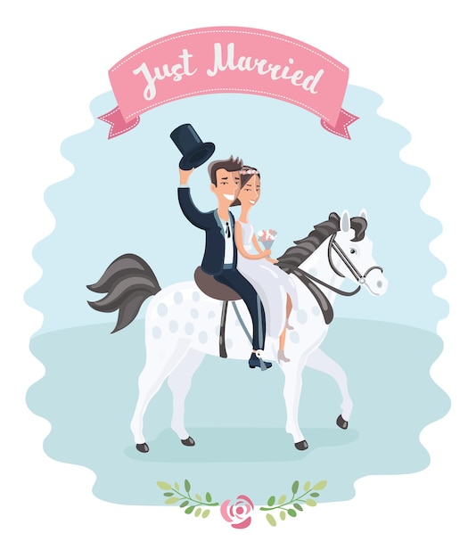 白い馬の上の結婚式のカップルの漫画面白いイラスト プレミアムベクター