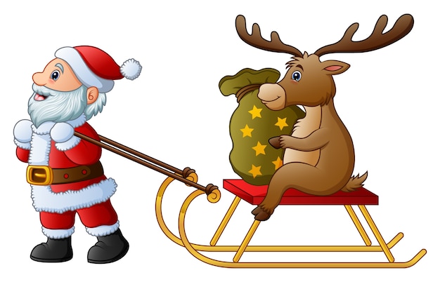 Premium Vector | Cartoon funny santa claus pulling a sleigh