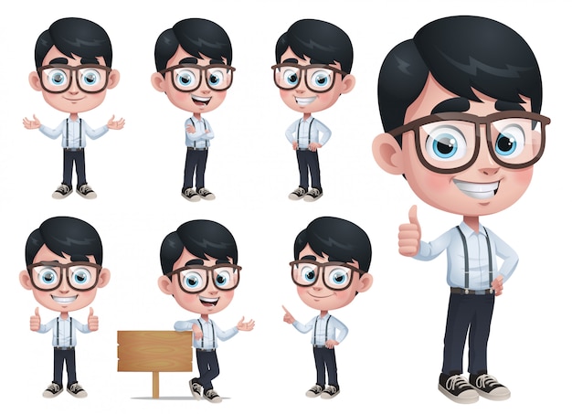 Cartoon geek boy mascot Premium Vector