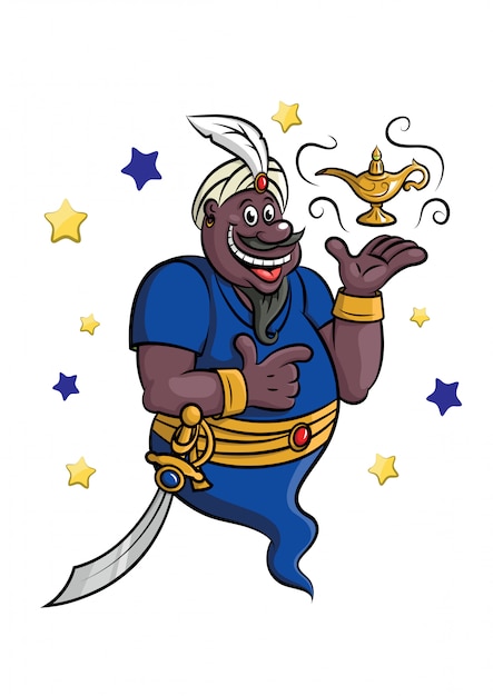 Premium Vector | Cartoon genie with lamp