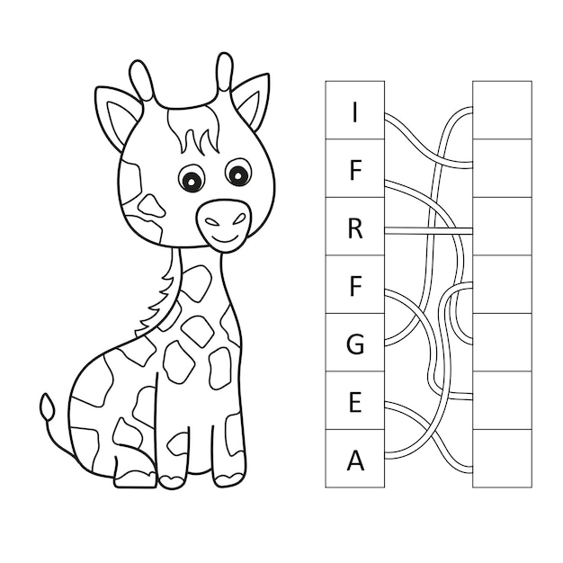 漫画のキリンのクロスワード 文字を正しい順序に並べる 子供向けのキャラクター 塗り絵 クロスワードパズルゲーム プレミアムベクター