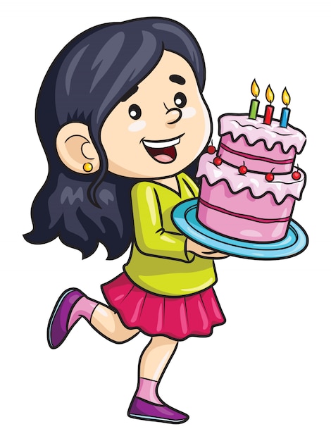 Premium Vector | Cartoon girl bring birthday cake