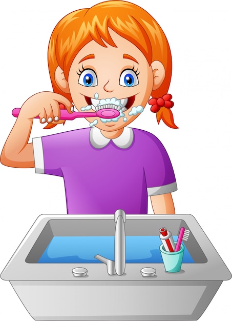 Cartoon girl brushing teeth | Premium Vector