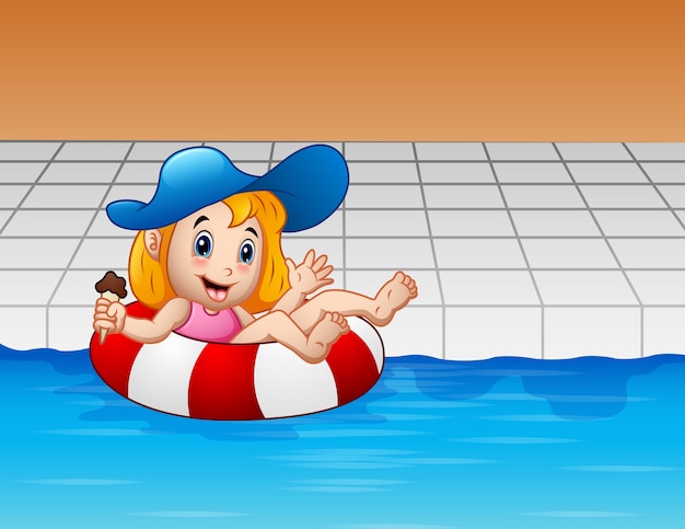 Premium Vector Cartoon Girl Floating With Lifebuoy In Swimming Pool 3643