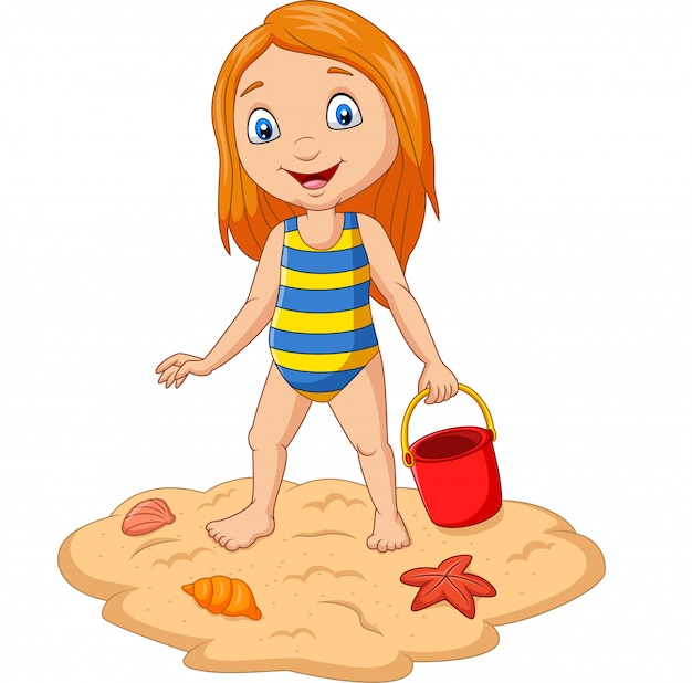 Premium Vector Cartoon Girl Holding Bucket Sand At Tropical Beach