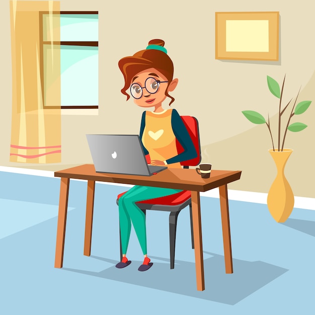 Cartoon Girl Sitting At Cozy Workplace Desk Typing In Laptop