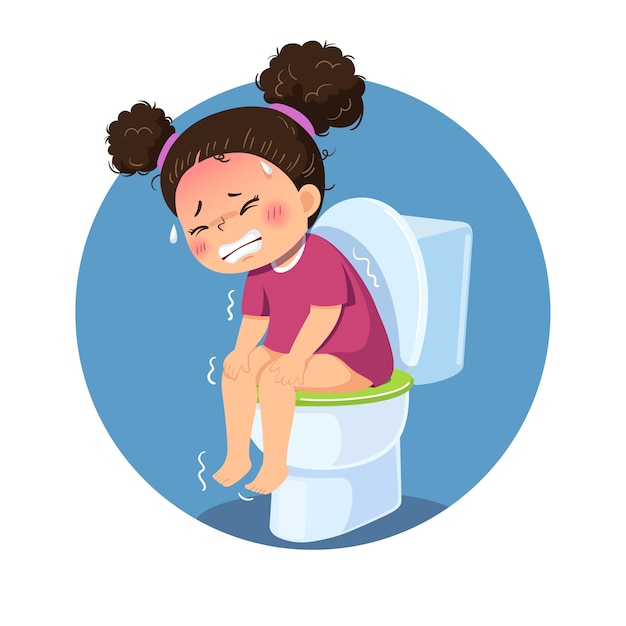 トイレに座って下痢や便秘に苦しんでいる漫画の女の子 プレミアムベクター