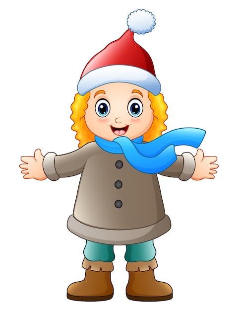 Premium Vector | Cartoon girl in winter clothes waving