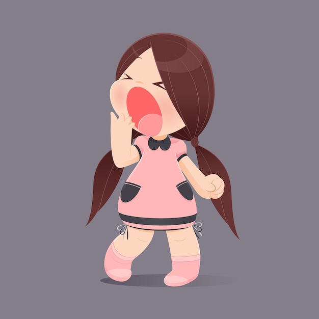 Premium Vector | Cartoon girl yawning against gray background.