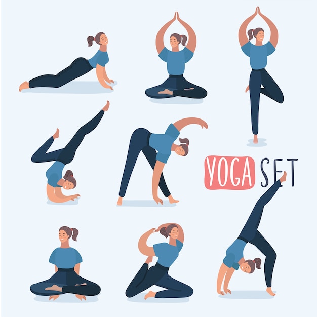 Premium Vector Cartoon Girl In Yoga Poses With Titles For Beginners Isolated On White 