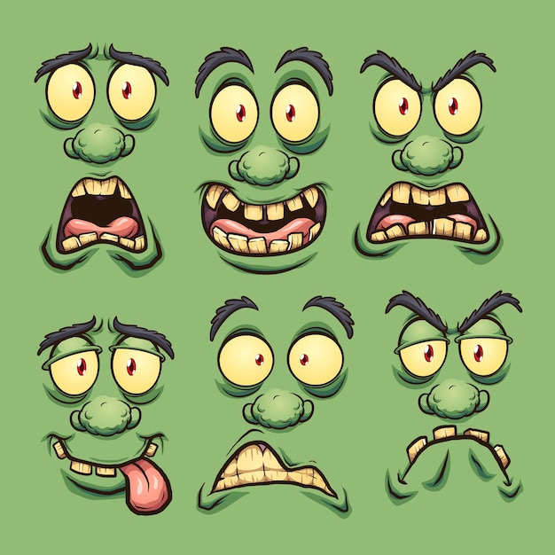 さまざまな表情の漫画の緑の怪物の顔 クリップアートイラスト プレミアムベクター