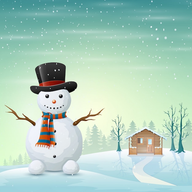 Premium Vector | Cartoon of a greeting snowman and a snowy village