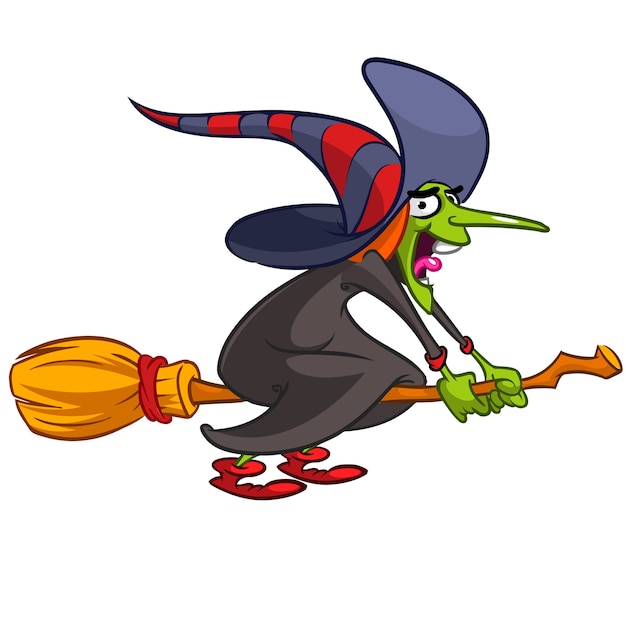 Cartoon Halloween scary witch riding a broom on white ...