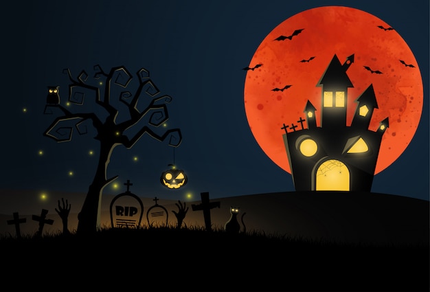 Premium Vector | Cartoon halloween with graveyard and house