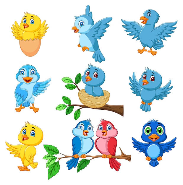 Cartoon Happy Birds Collection Set Premium Vector