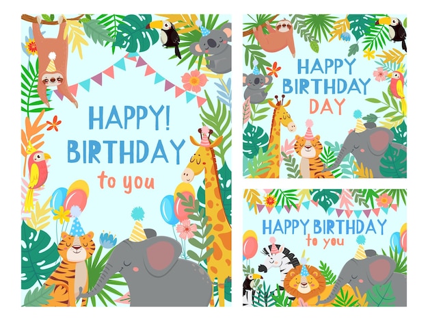 漫画お誕生日おめでとう動物カード 熱帯雨林のイラストセットでかわいいサファリやジャングルの動物のパーティーとおめでとうカード プレミアムベクター