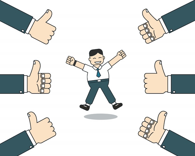 Premium Vector | Cartoon happy businessman with many thumbs up hands