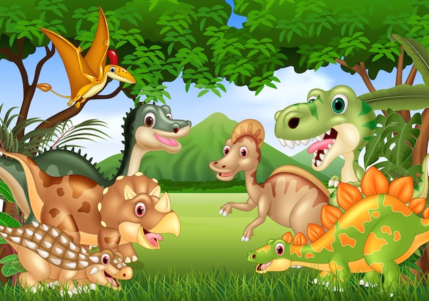 Cartoon happy dinosaurs living in the jungle Premium Vector