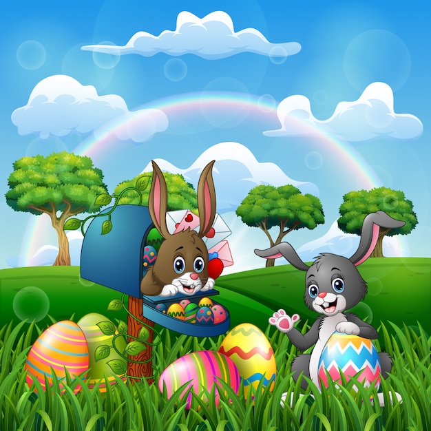 Download Cartoon happy easter with bunnies on the nature | Premium ...