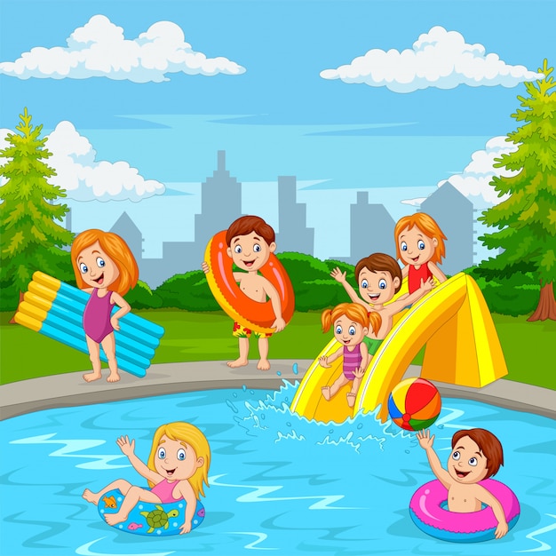 Premium Vector | Cartoon happy family playing in swimming pool