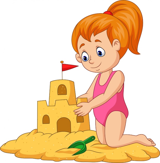 Premium Vector Cartoon Happy Girl Making Sand Castle