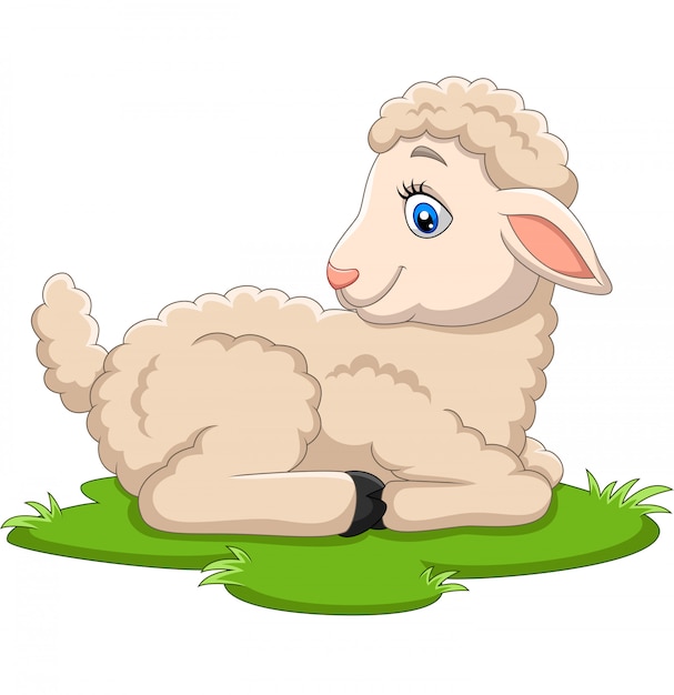 草の上に座って漫画幸せな子羊 プレミアムベクター