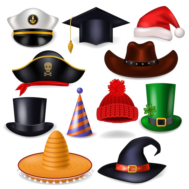 帽子やヘッドドレスサンタ帽子や面白いヘッドギアカウボーイの海賊イラストセットで誕生日パーティーやchrisrmasを祝うための漫画帽子ベクトルコミックキャップ プレミアムベクター